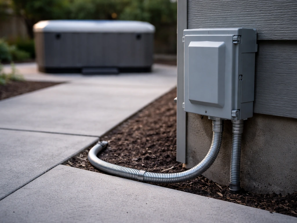 Weatherproof outdoor GFCI disconnect box with conduit leading toward a patio hot tub