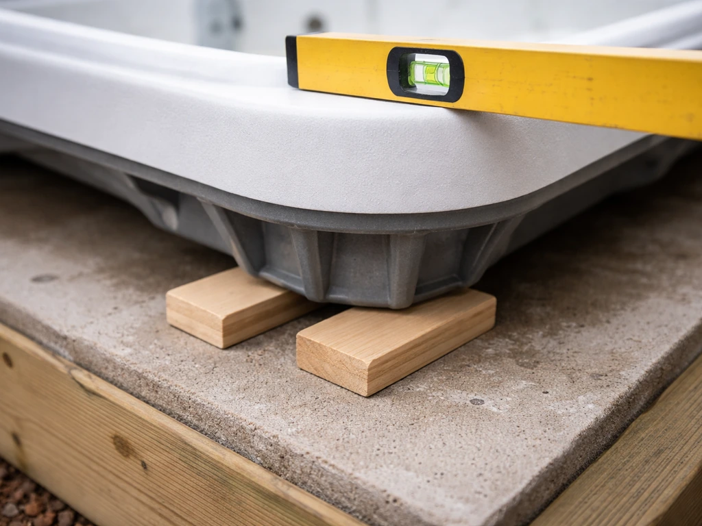 Hot tub corner with shims under structural gussets and a bubble level checking it’s straight