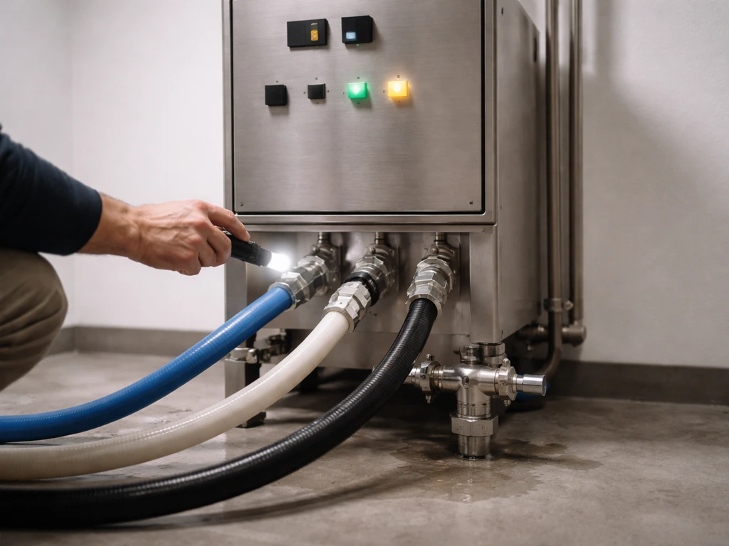 Technician checks an industrial control panel with lights on beside hoses connected to a drain valve