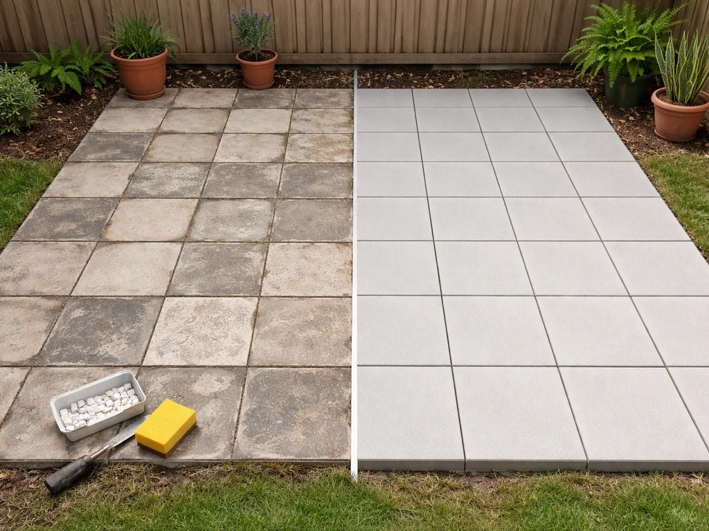 Top-down view of a patio where old tiles are replaced with fresh neatly aligned flooring.