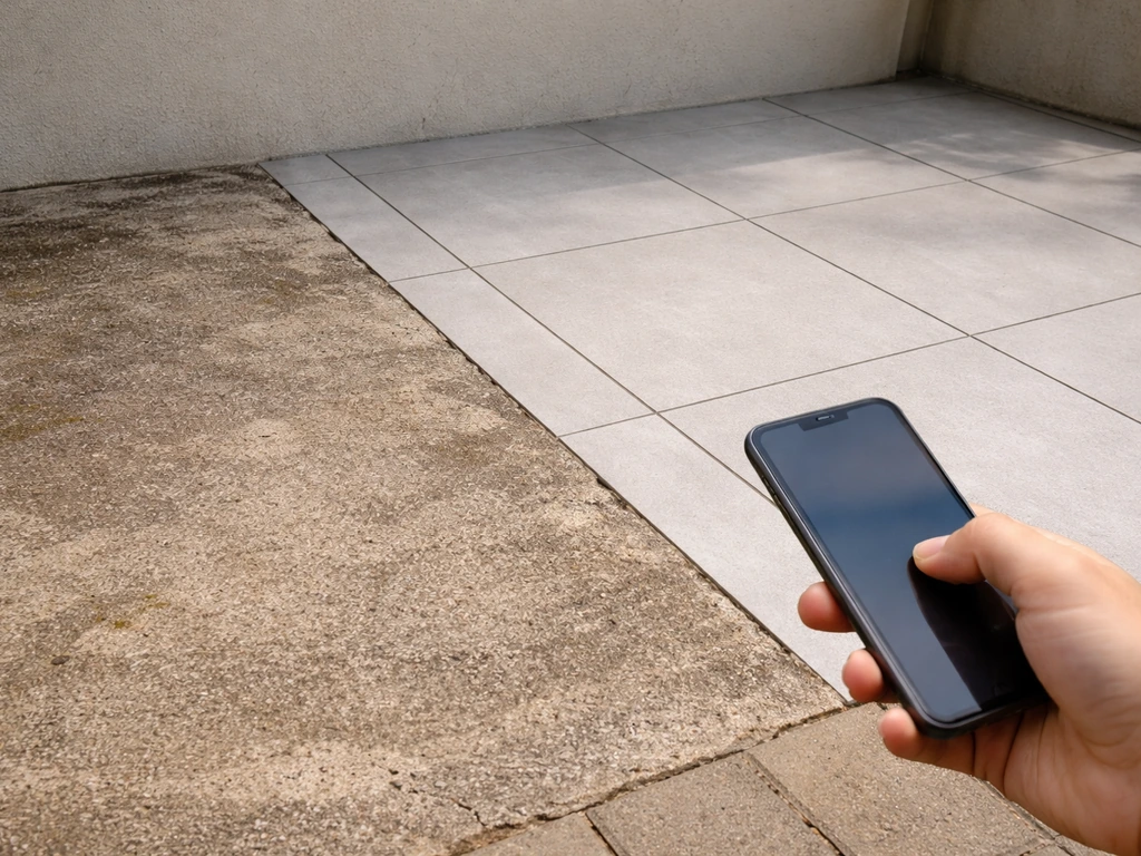 Hand holds a smartphone while a patio section changes from old worn surface to fresh new tiles.