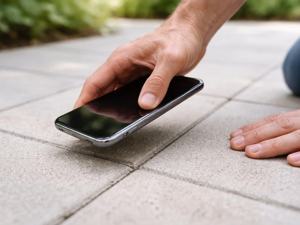 Person’s hand hovering over a patio surface with a smartphone, indicating the correct tapping spot.