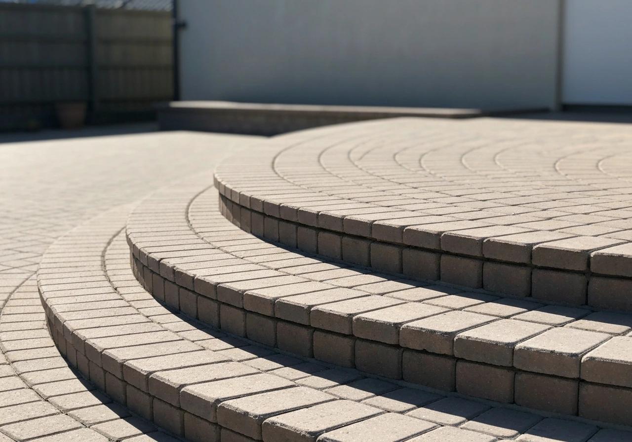 Side view of finished curved patio steps with a smooth arc and clear tread/riser pattern outdoors.
