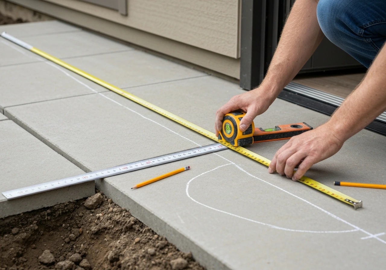 Hands measure a curved step layout on patio concrete with tape and chalk line before digging