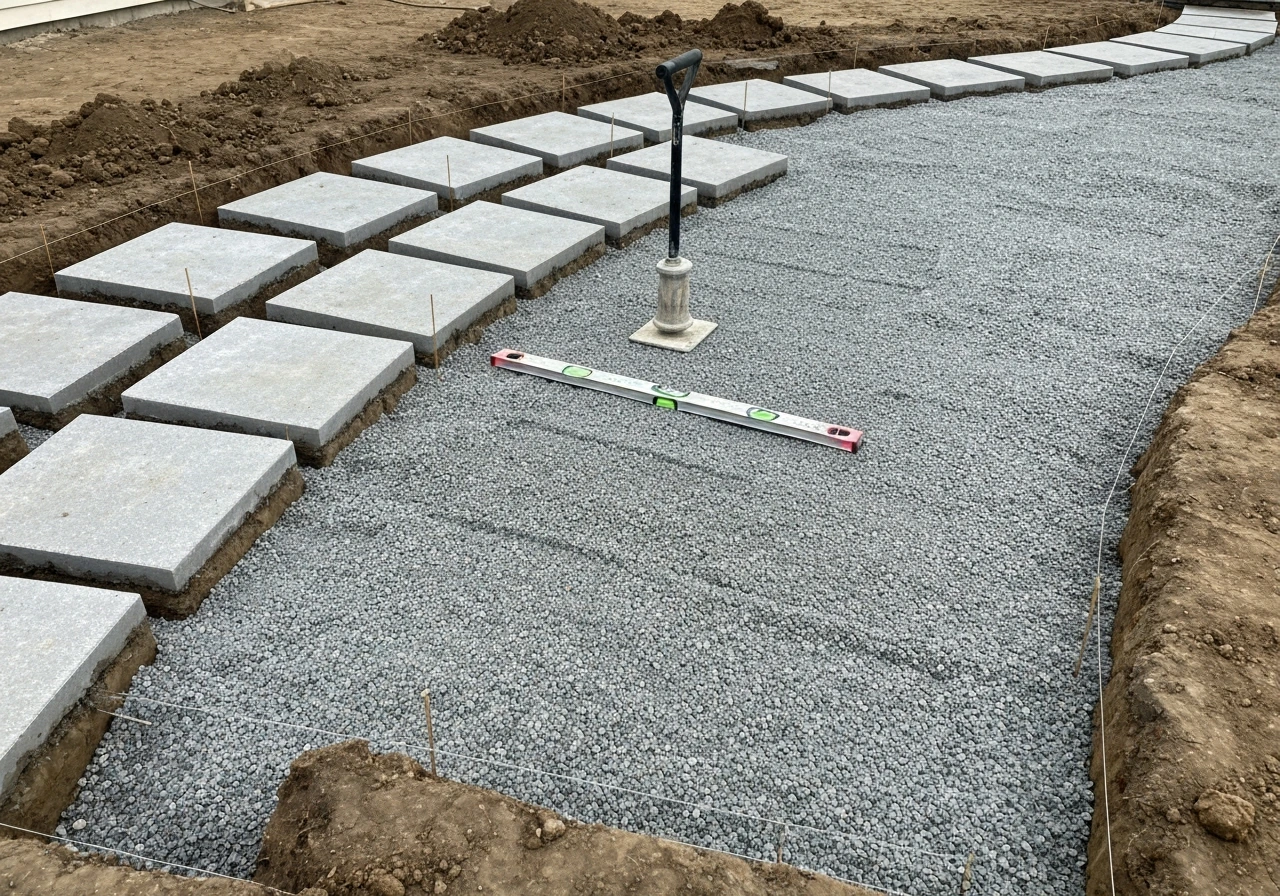 Curved patio step pads with leveled excavations and compacted gravel base
