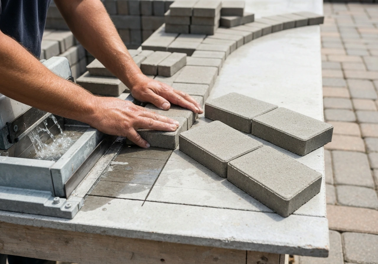 Hand cutting a concrete paver with a wet saw, fitting pieces to form consistent curved joints.