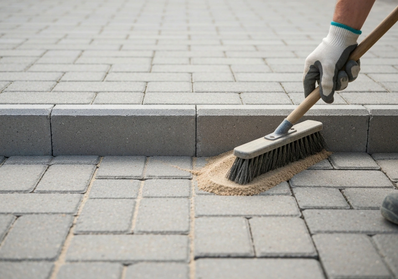 Close-up of a worker brooming polymeric sand into paver joints near a step nosing edge