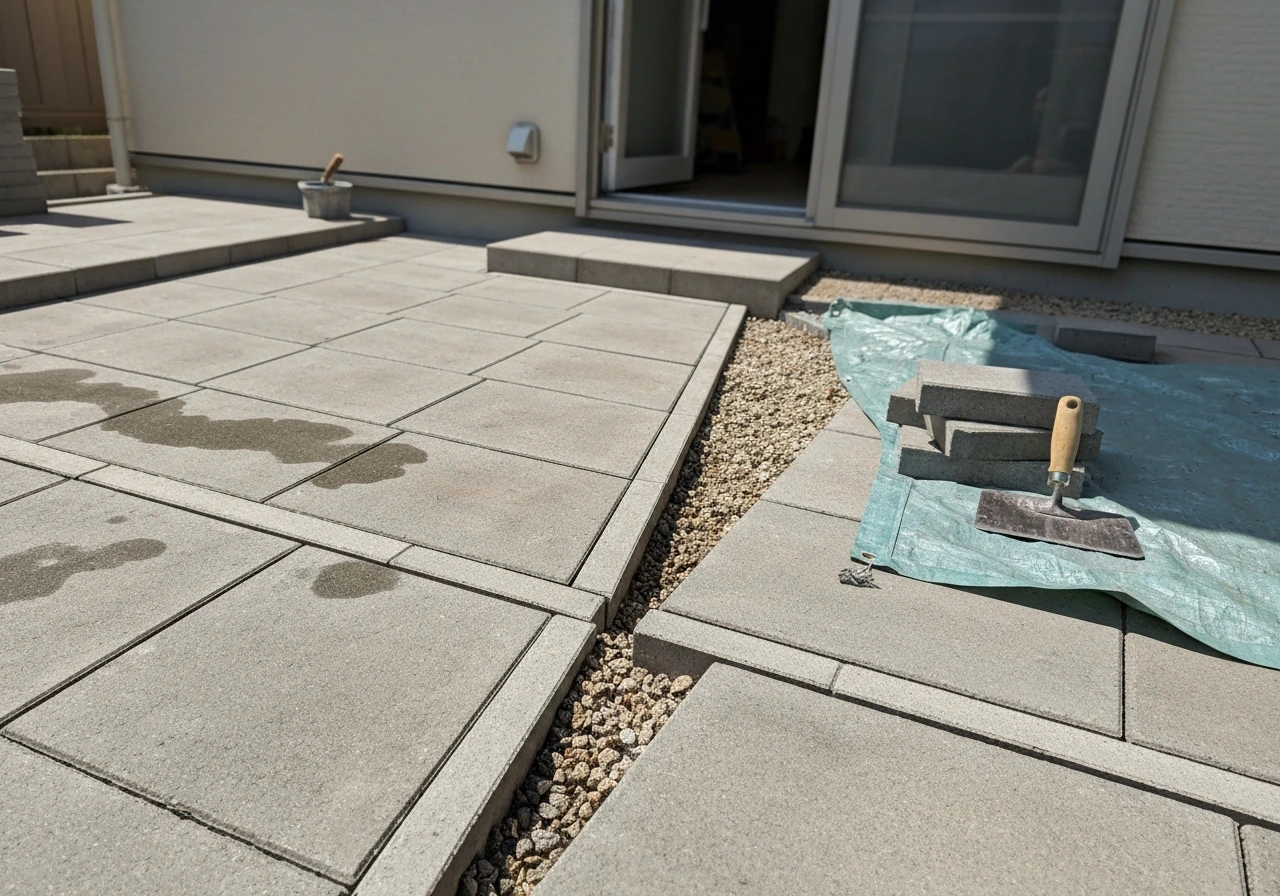 Refreshed patio with clean pavers, straight edging, and visible drainage slope away from the home.