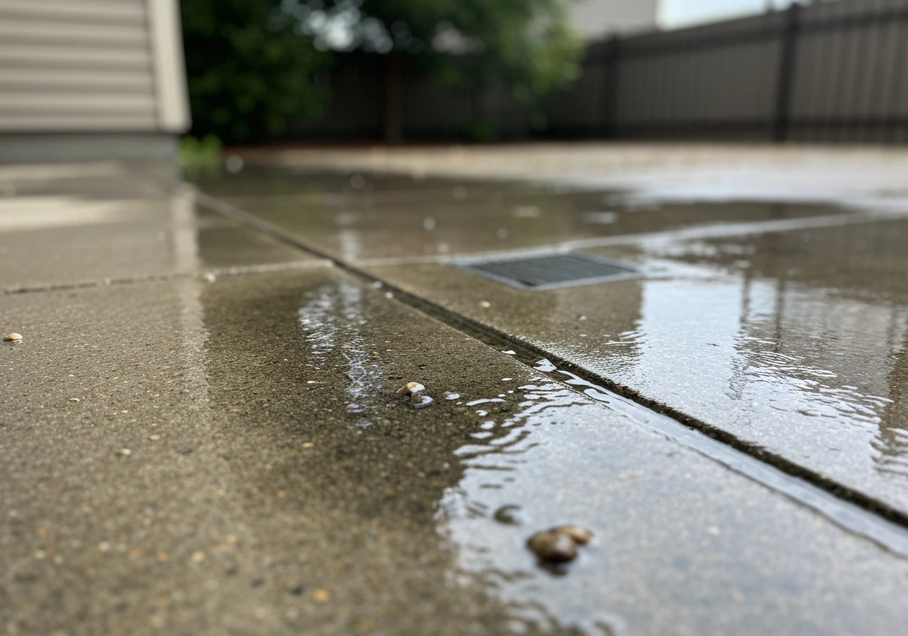 Close-up of wet patio concrete with shallow standing water and damp stains flowing toward a drain.