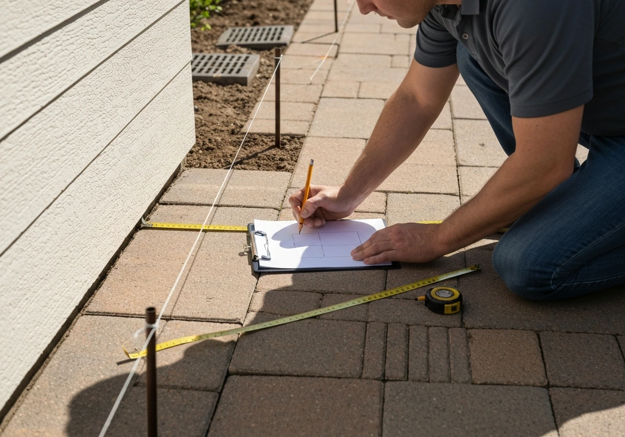 Homeowner measuring a patio with a tape measure while sketching a simple footprint on paper