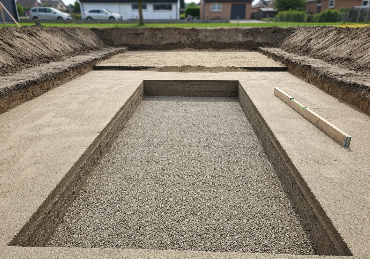 Minimal excavated paver base showing compacted gravel and bedding sand ready for leveling