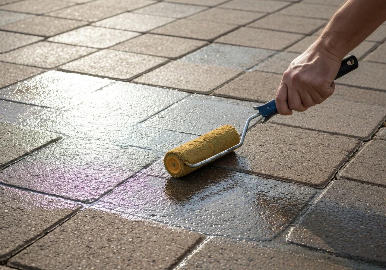 Hands applying penetrating sealer to concrete pavers with a roller, creating a wet-look sheen