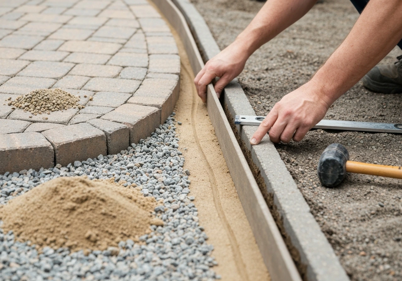 Anonymous hands placing curved patio edging in a fresh trench beside pavers, showing gravel and leveling sand.