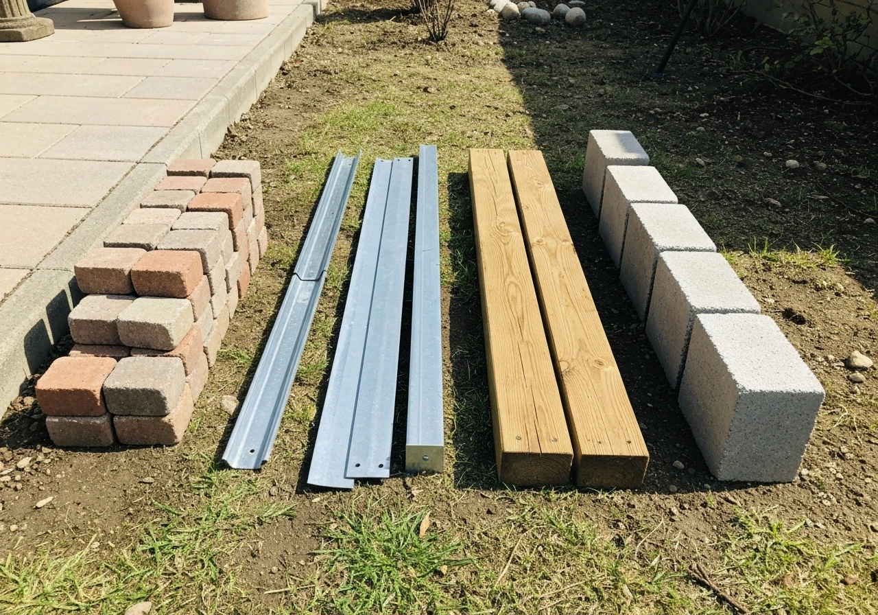 Assorted patio edging materials—brick stones, metal strips, timber and concrete sections—laid out on grass.