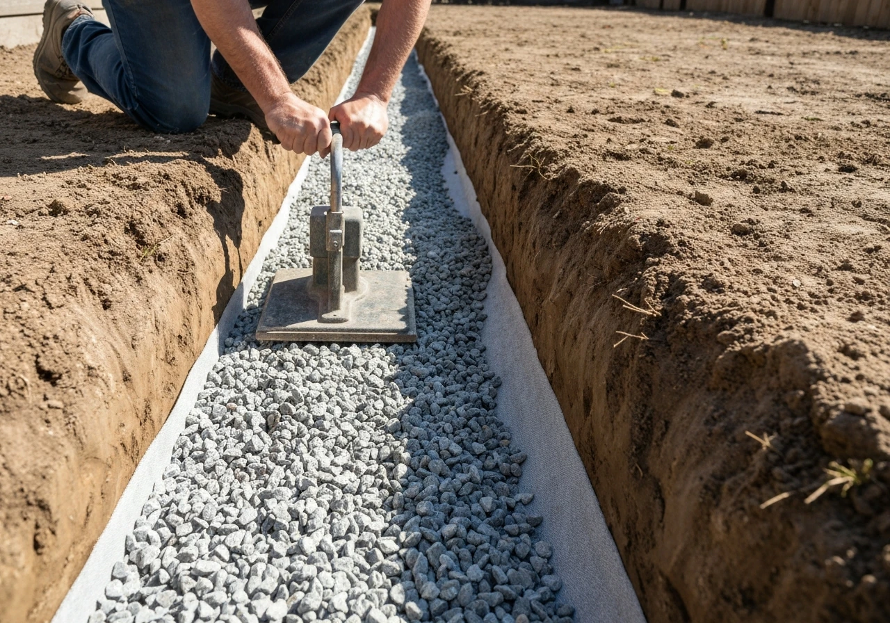 Close-up of a gravel trench being compacted with weed-control fabric visible along the base.