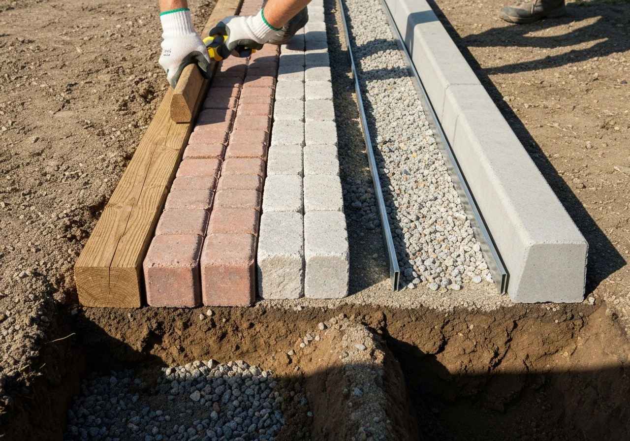 Side-by-side shots of different edging materials installed along a prepared paver base.
