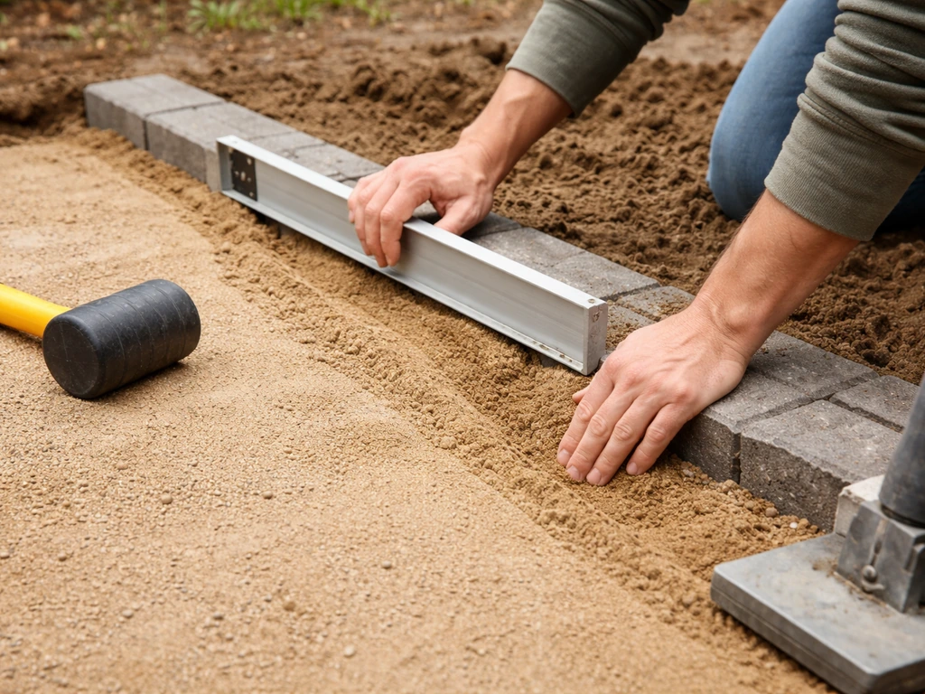 Hands use a straightedge to level patio edging while backfilling and smoothing sand in a trench.