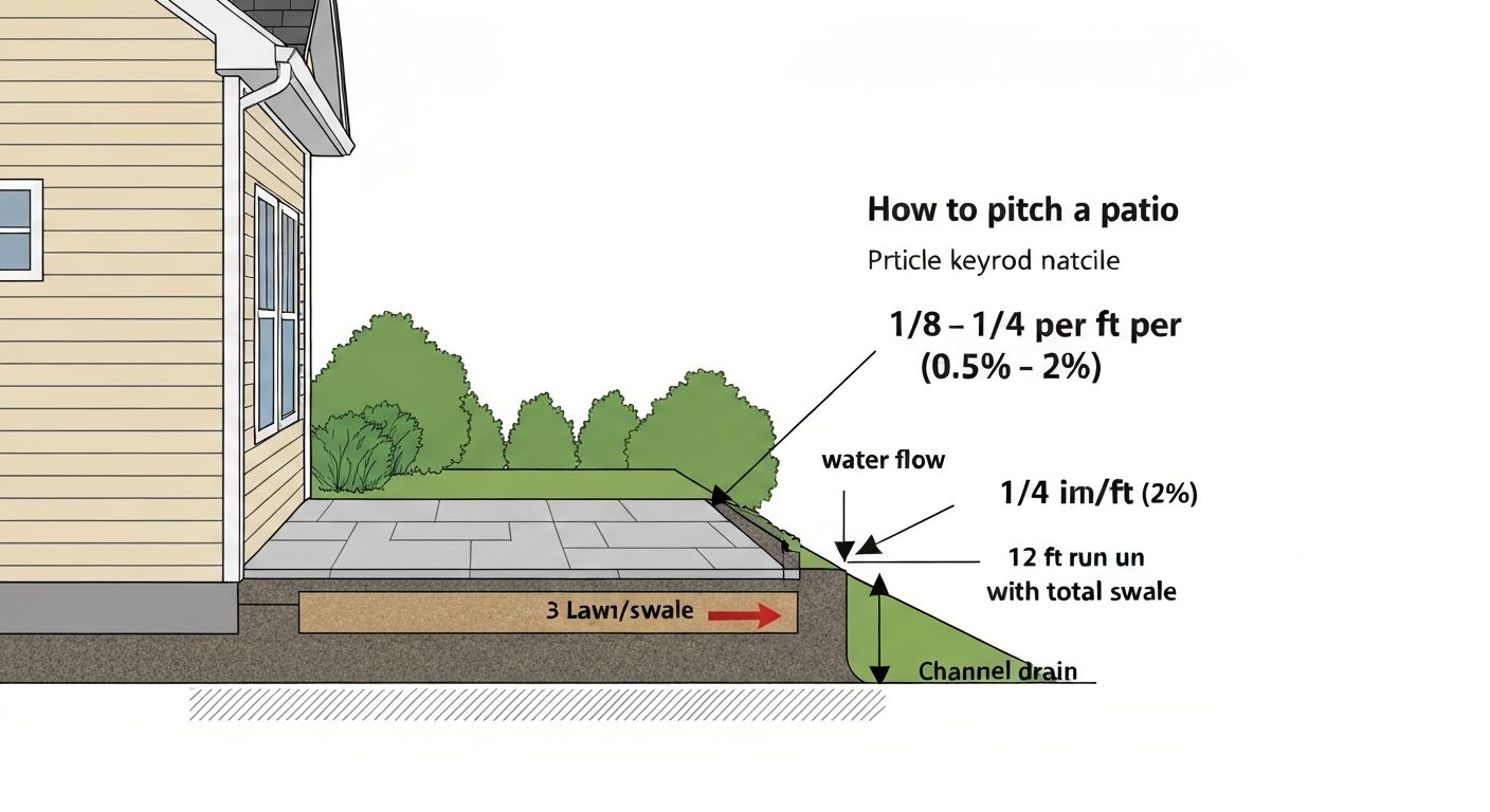 Infographic cross-section of a patio sloping away from a house, labeled with slope values (e.g., 1/4 in/ft) and arrows showing water draining to lawn or channel drain.