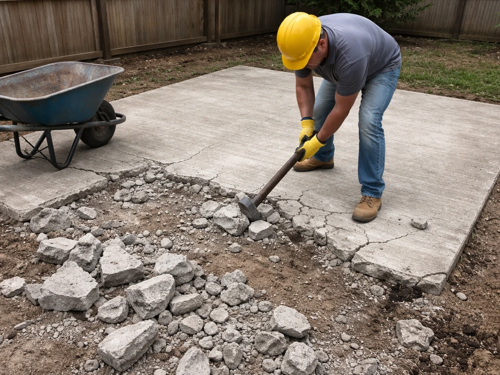 Worker breaking up an older concrete patio slab and lifting broken pieces for hauling.
