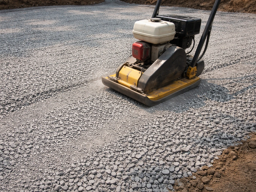 Plate compactor pressing down layered crushed stone gravel, with a level base surface in a simple patio base area.