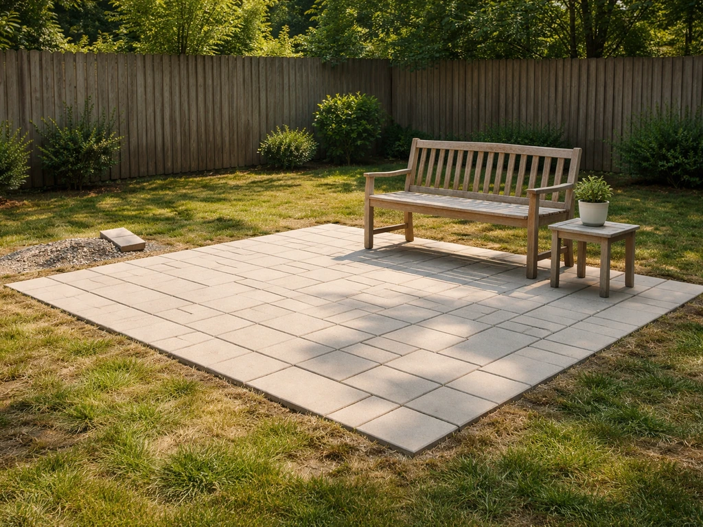 Sunlit DIY backyard patio with straight pavers and simple outdoor seating, freshly installed and budget-friendly