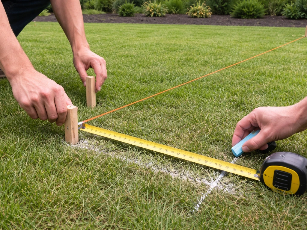 Hands measuring and marking a backyard patio layout with stakes, mason’s line, and a tape measure.