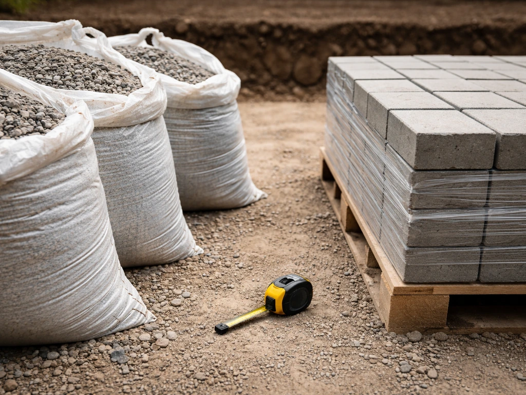 Close-up comparing bags of gravel with a neatly stacked paver pallet for budget planning
