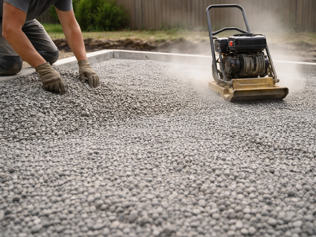 Crushed gravel being spread and compacted with a vibrating plate compactor for a patio base.