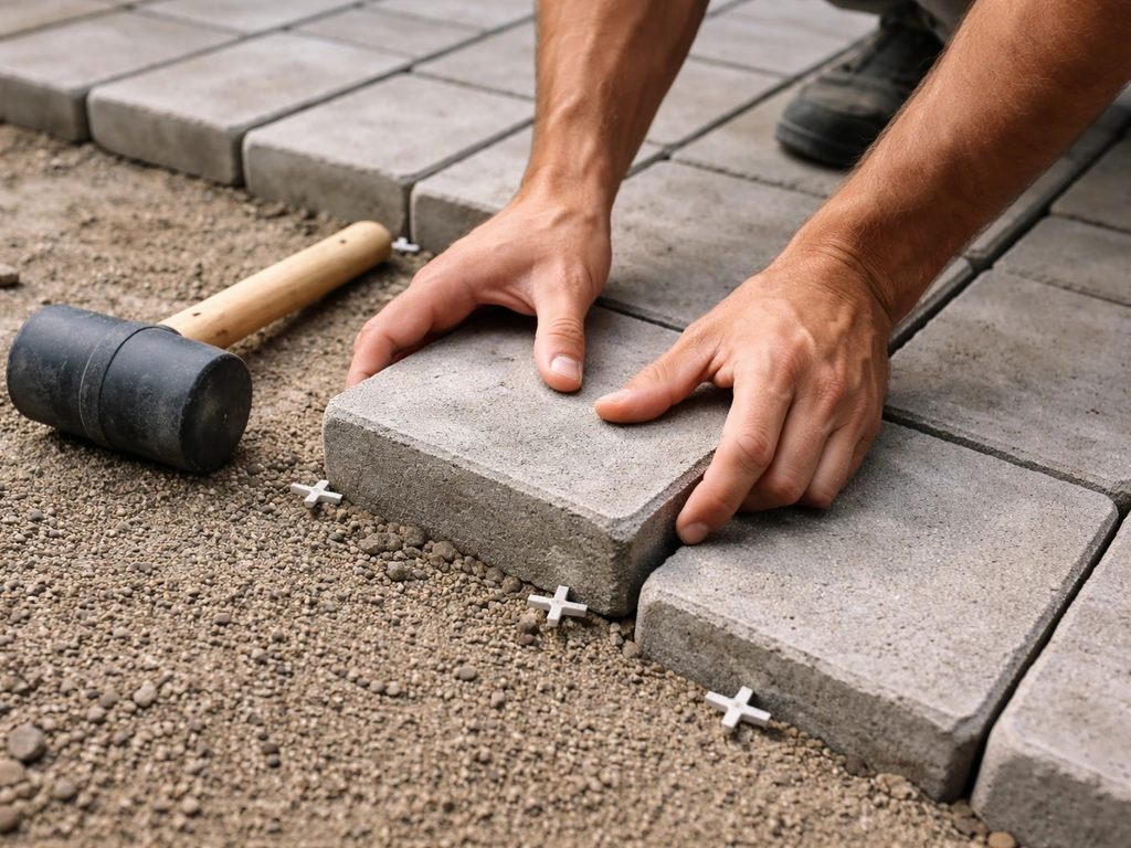 Hands setting dry-laid concrete pavers into compacted base with rubber mallet and spacers visible.