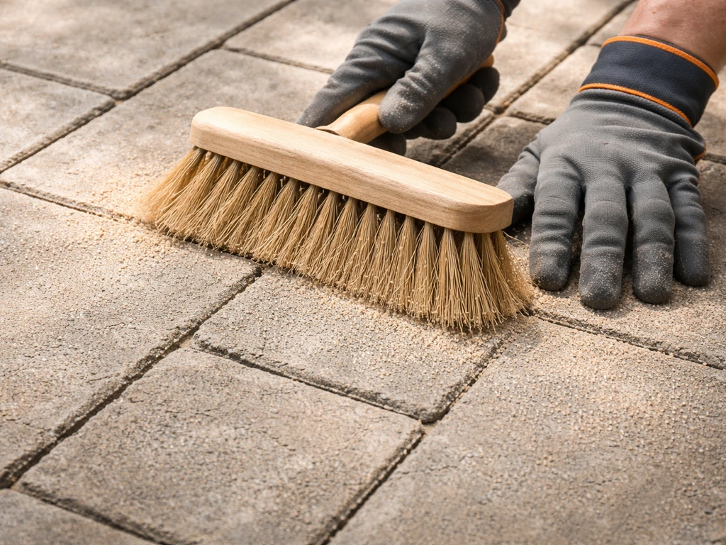 Gloved hands brushing polymeric sand into paver joints on a patio during routine maintenance.