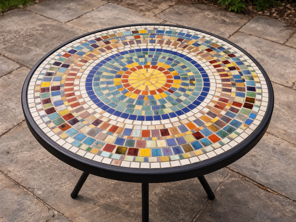 Finished DIY mosaic patio table top outdoors, vibrant tiles and visible grout lines in angled top-down view.