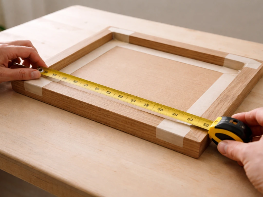 Hands measuring an existing tabletop with a tape measure and small masking tape marks for mosaic coverage.