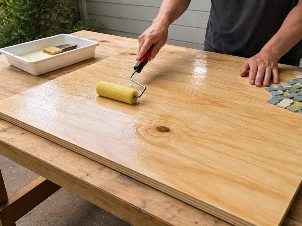 Hands waterproof an exterior plywood sheet on a workbench before mosaicking.