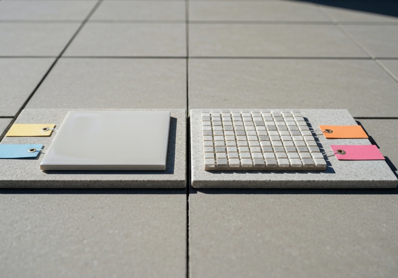 Porcelain and mosaic tile samples laid side-by-side on a patio pavers background, highlighting outdoor durability.