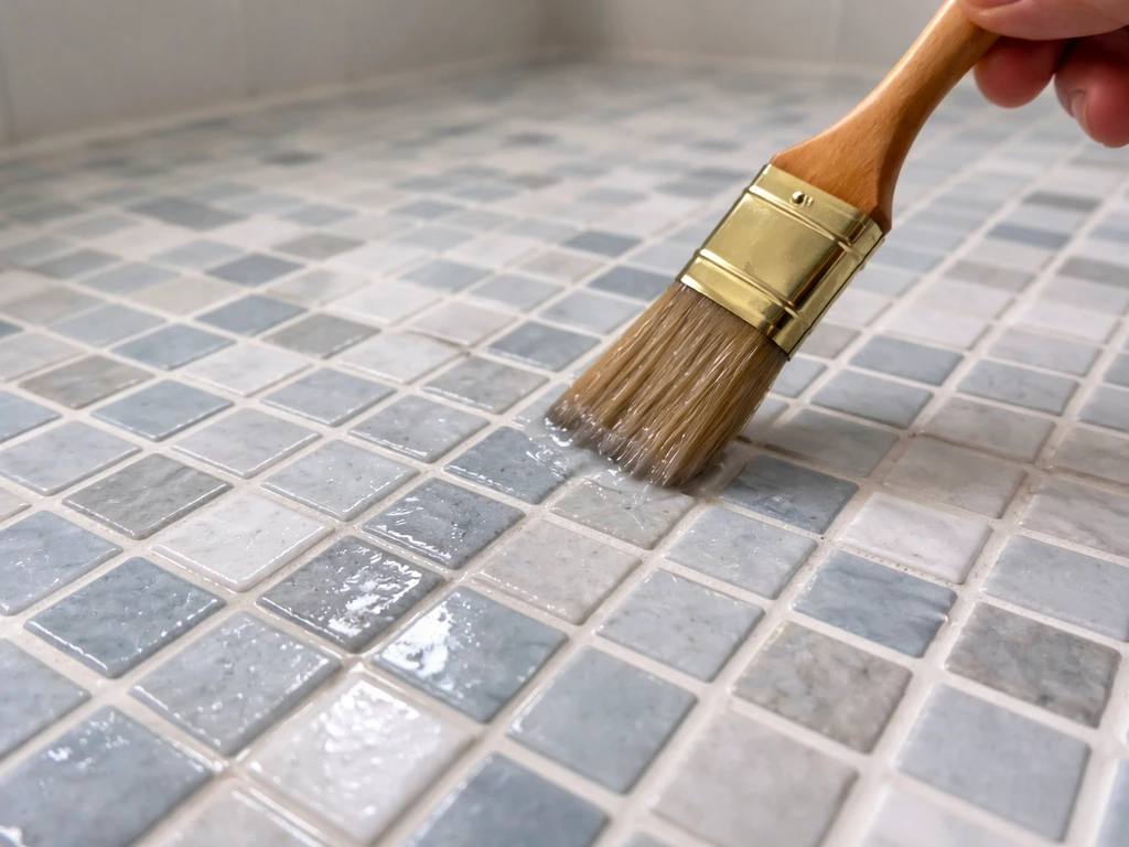 Close-up of a grout-sealed mosaic tile surface being coated with sealer along the grout lines using a brush.