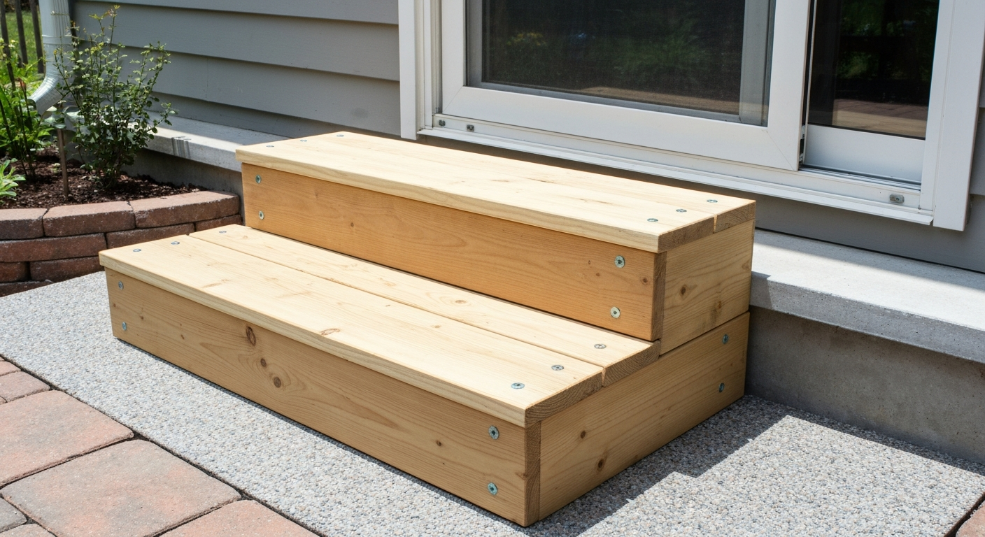 Temporary two-step pressure-treated wood patio stair on a gravel pad at a raised patio threshold, showing stringers, treads, and fasteners.