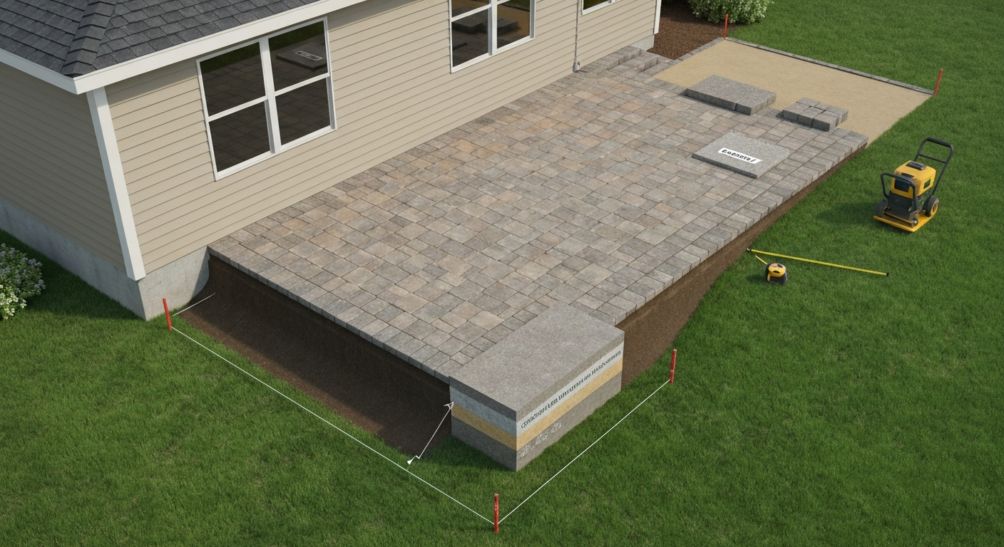 Illustrated backyard patio with sections of pavers, gravel, and concrete and a cutaway showing base layers, slope, and tools nearby