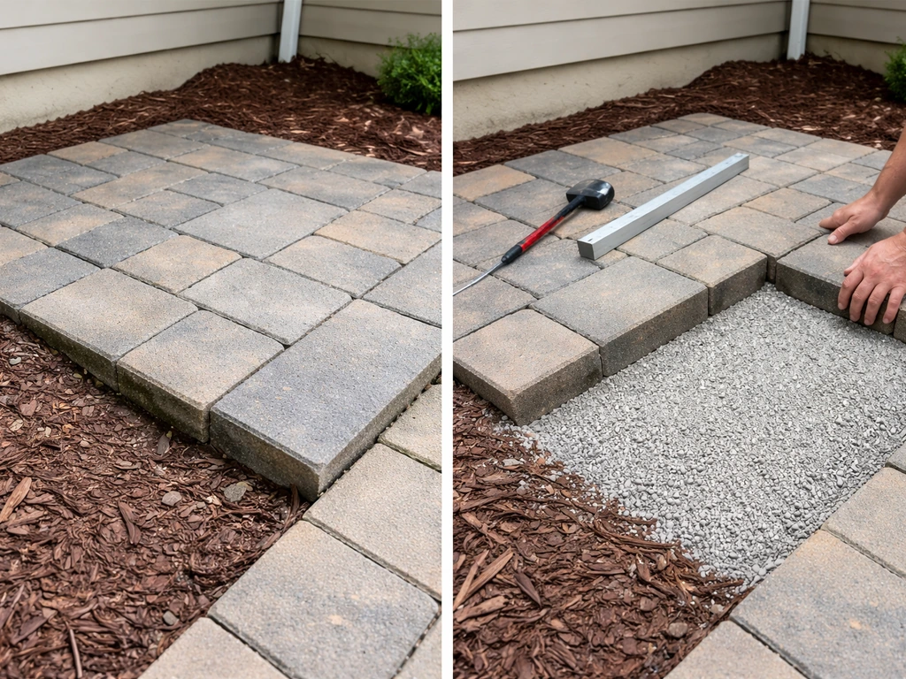 Before-and-after view of a patio section lifted, base exposed, and reset level with corrected slope.