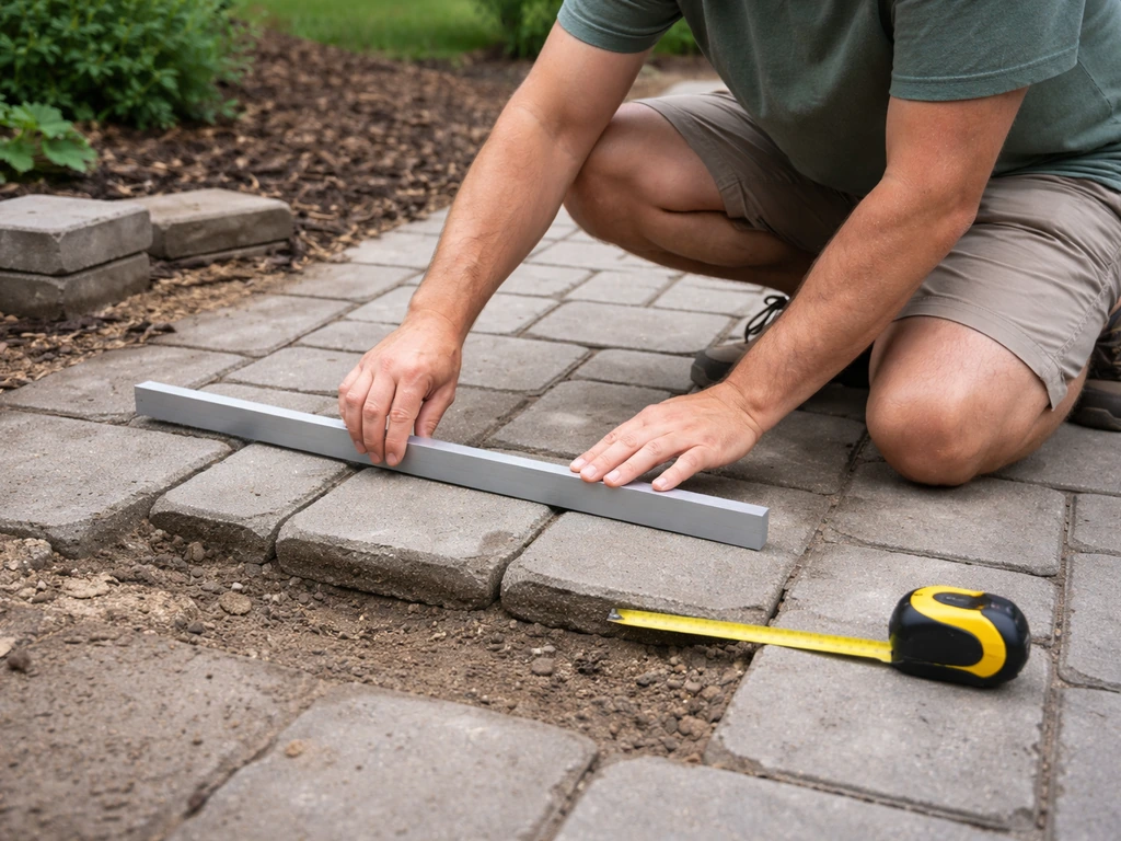 Anonymous homeowner kneeling on an uneven patio, using a straightedge and tape measure to check paver failure.