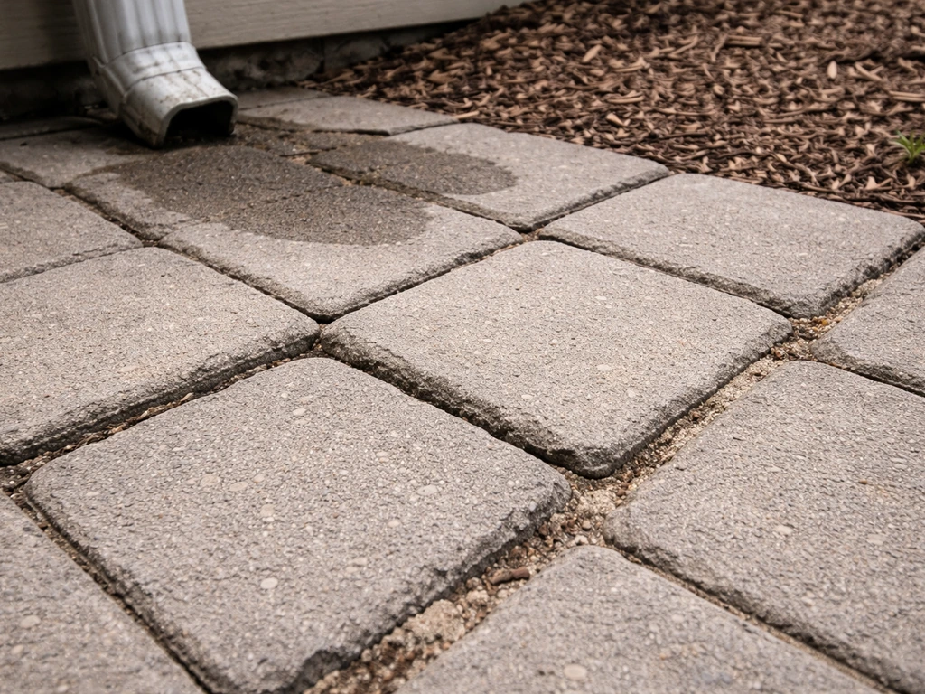 Close-up of pavers with missing joint sand and rocking stones near a downspout runoff stain.