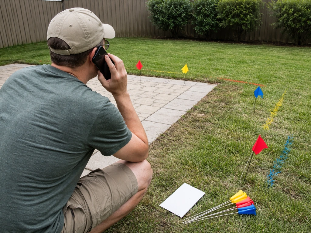 Anonymous person on phone near patio as colored utility stakes and flags mark underground lines