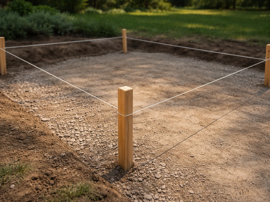Wood stakes and taut string lines stretched across a patio area to mark level and slope.