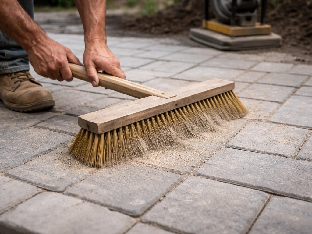 Worker pushing polymeric jointing sand into paver joints, then checking a level repaired walkway