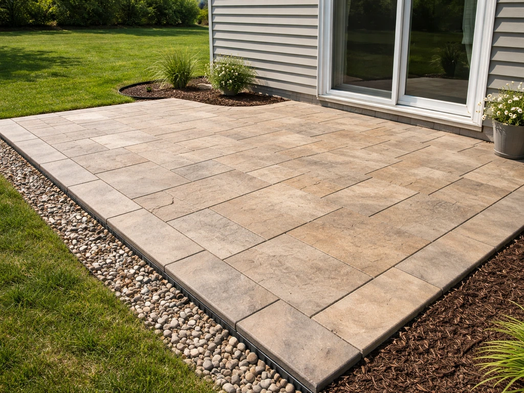 Finished patio attached to a house, with visible drainage slope away from the foundation.