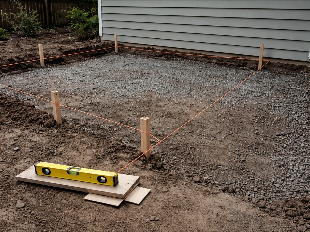 Backyard patio area marked with stakes and string lines beside a house, with a builder’s level on the ground.