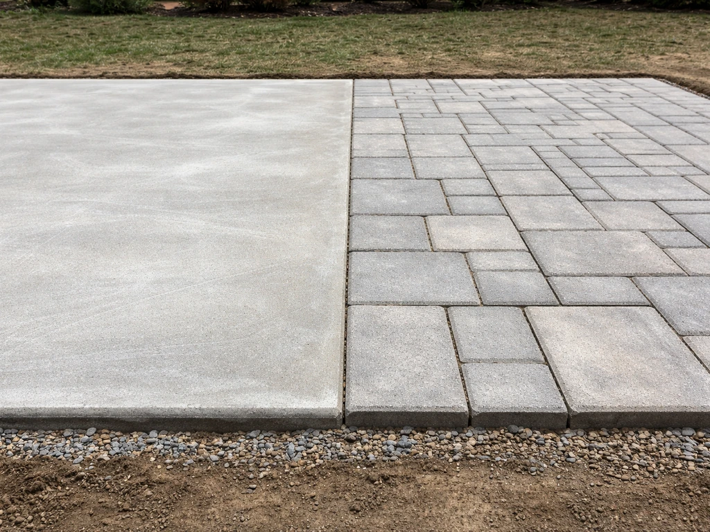 Close view of two patio surfaces side-by-side: concrete slab and brick pavers on a prepared base