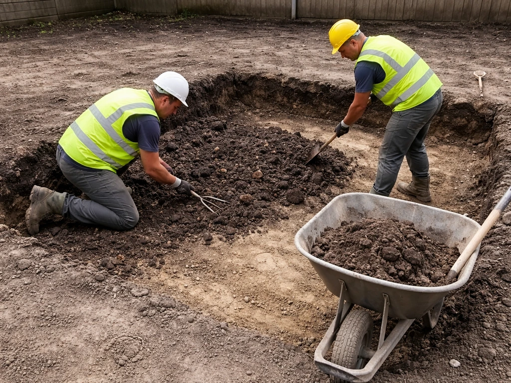 Workers excavate and remove topsoil and organic material for a patio subgrade foundation