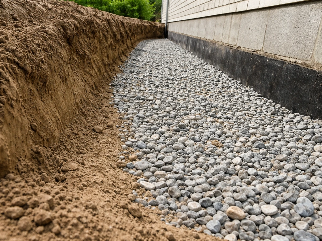 Home foundation trench showing sloped subgrade and layered gravel base draining away
