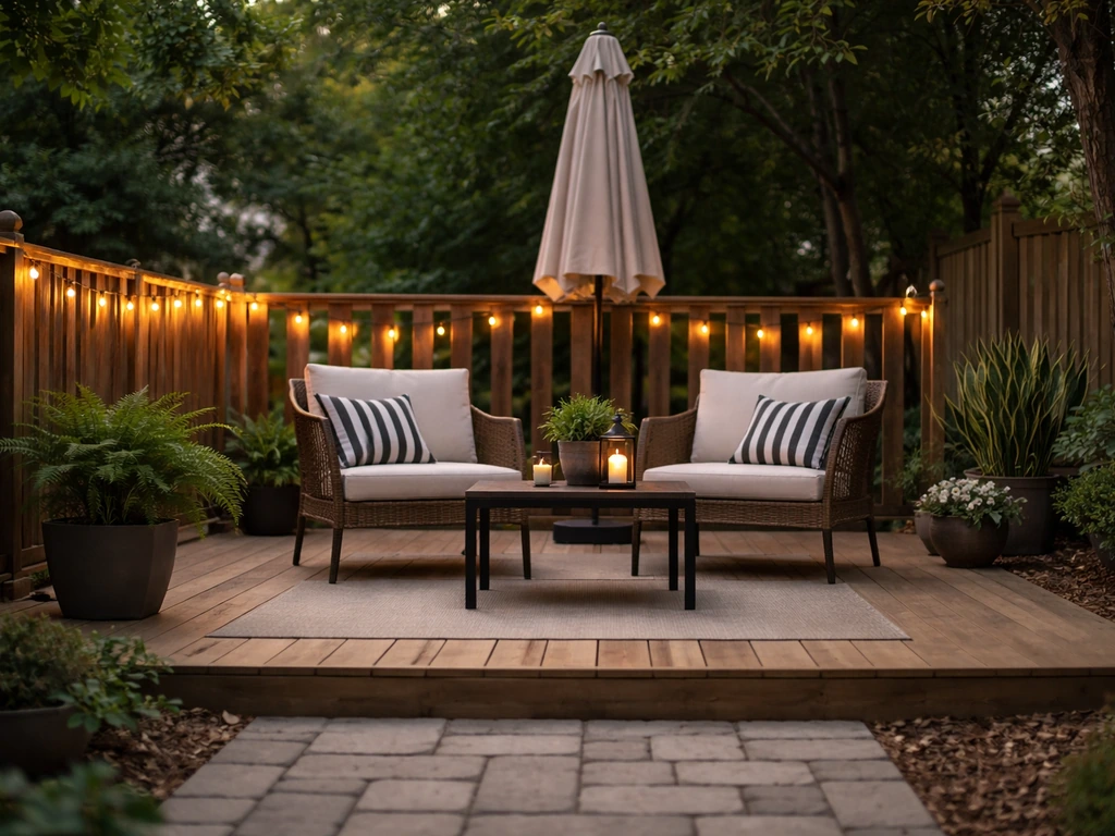 Cozy finished DIY patio with outdoor seating and string lights in warm evening light