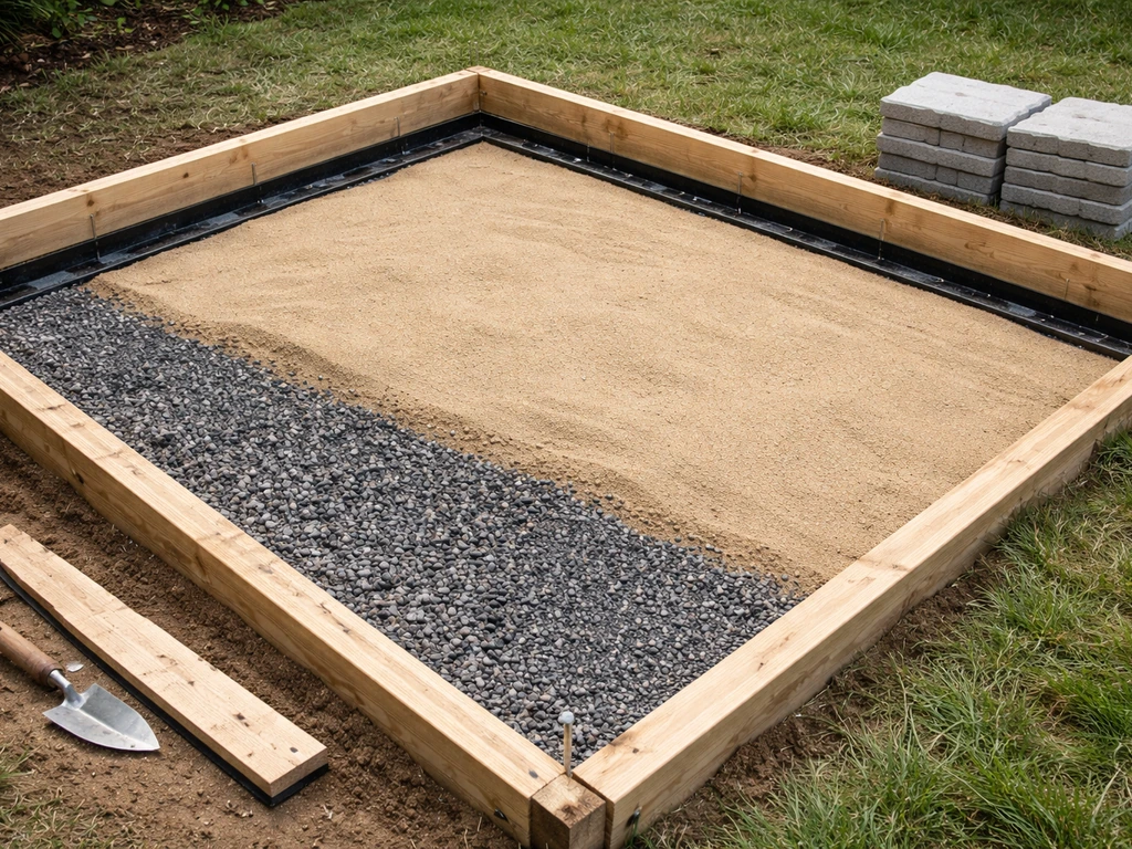 Close-up of layered patio materials—gravel, sand bedding, and pavers—showing where money goes.
